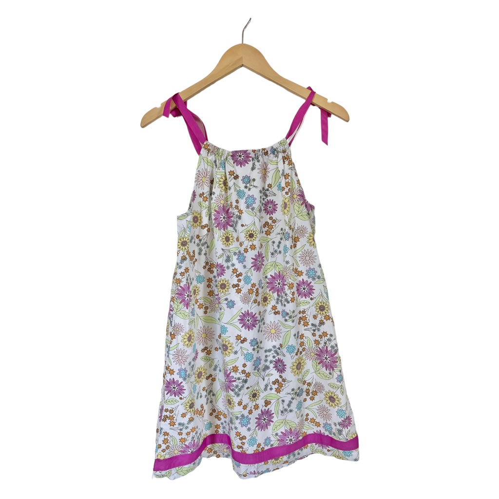 Hanna Andersson Pink Floral Cotton Summer Dress Ribbon Ties At Shoulder Size 10